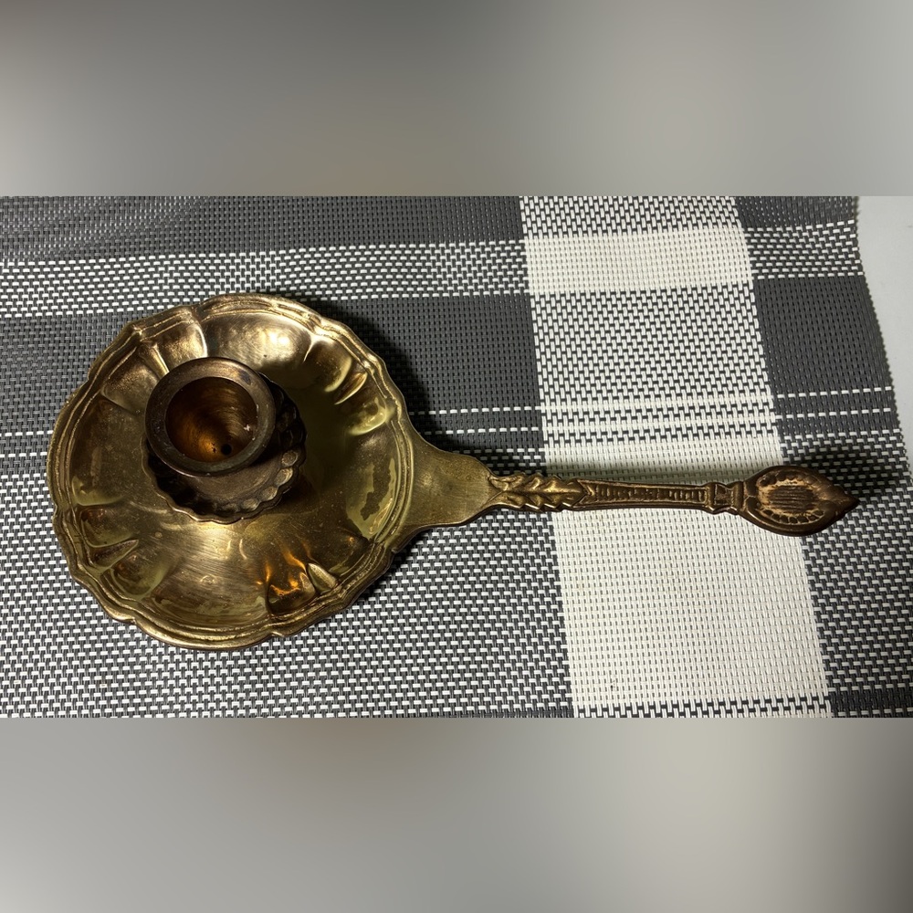 Vintage Brass Candle Holder With Embossed Handle Tray Candle Stick 10”